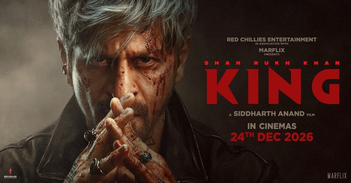 Official King poster: Shah Rukh Khan with grey hair and bloodied face, KING title, in cinemas 24th Dec 2026