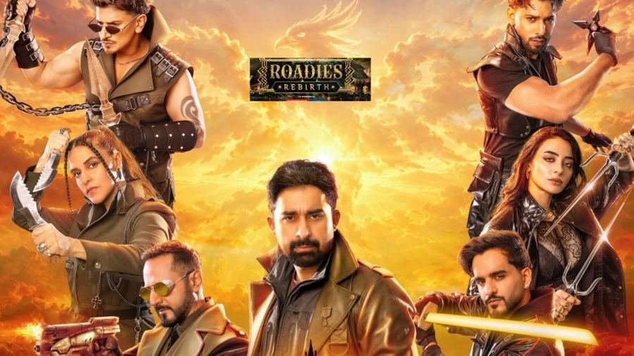 Rannvijay Singha with OG gang leaders Prince Narula, Neha Dhupia and Nikhil Chinapa and NewG leaders Abhishek Malhan, Bani J and Baseer Ali — Roadies Rebirth key art